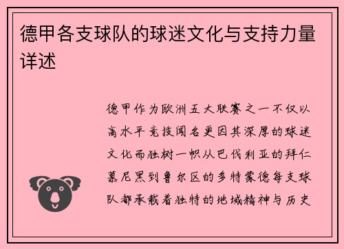 德甲各支球队的球迷文化与支持力量详述